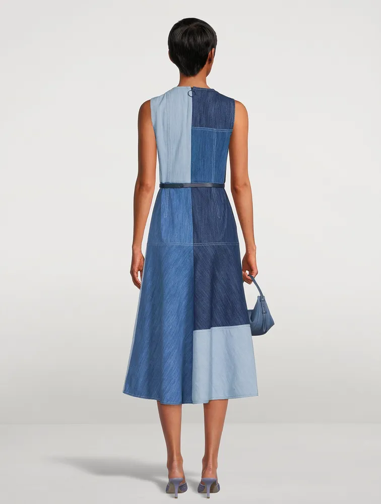 Belted Patchwork Denim Midi Dress