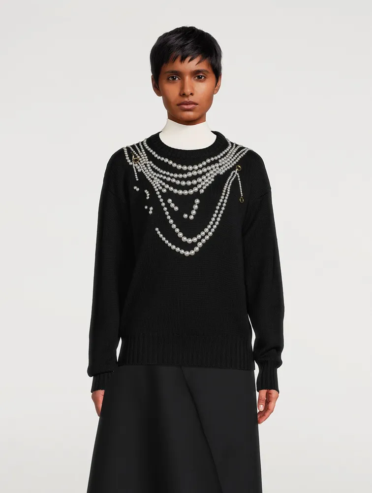 Pearl-Embroidered Wool Sweater