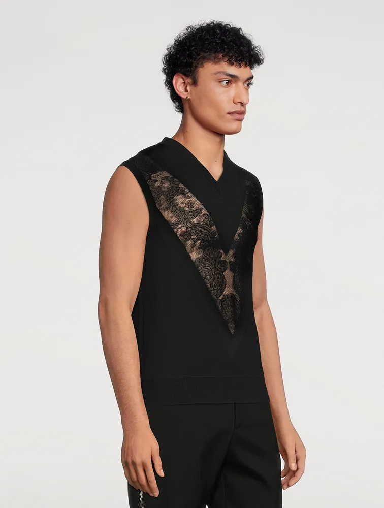 Wool-Blend Sleeveless Top With Sheer Lace