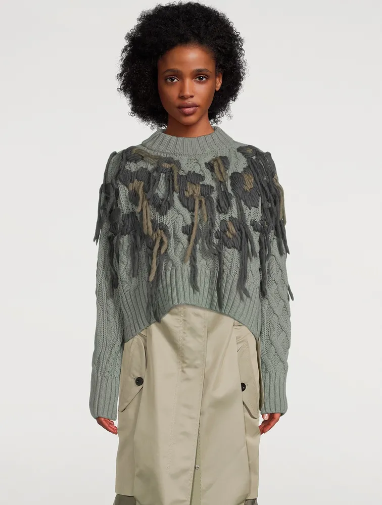 Wool Knit Fringe Pullover Leopard Print