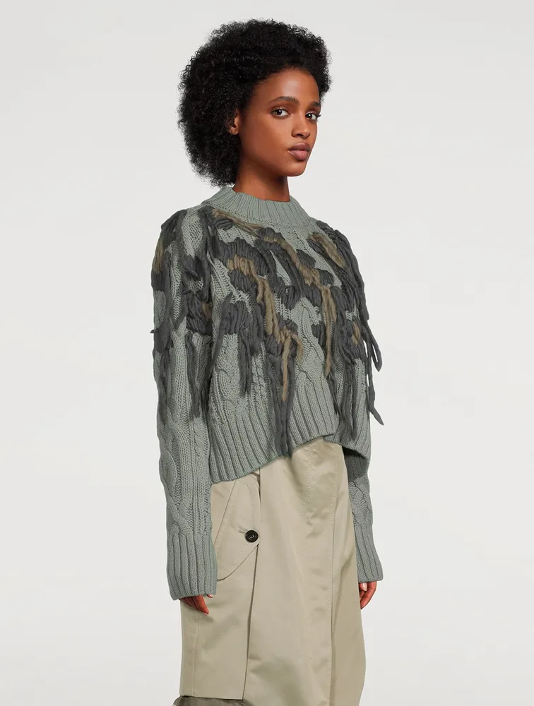 Wool Knit Fringe Pullover Leopard Print