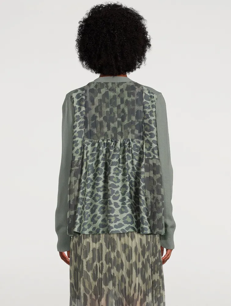 Wool Knit Cardigan With Leopard-Print Back Panel