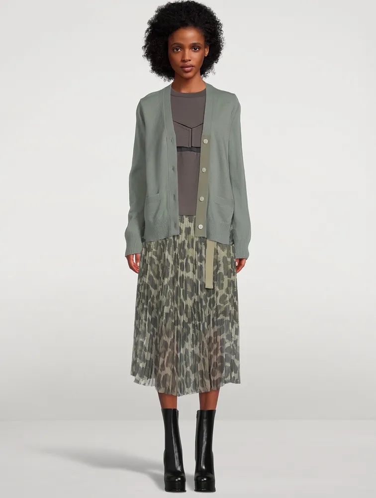 Wool Knit Cardigan With Leopard-Print Back Panel