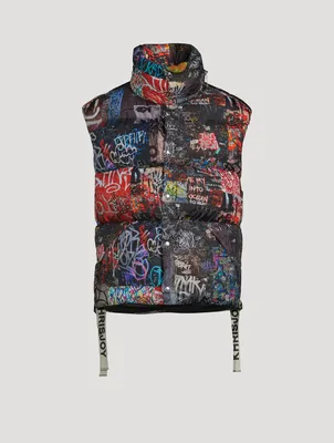 Chevron Down Puffer Vest In Graffiti Print
