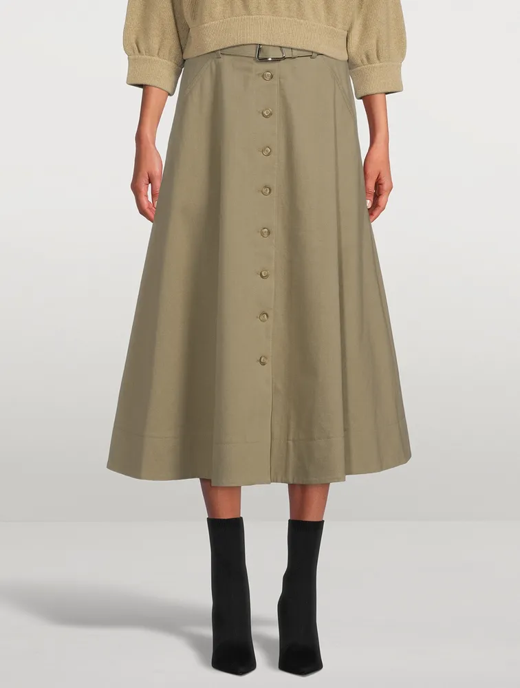 Belted Button Front Midi Skirt