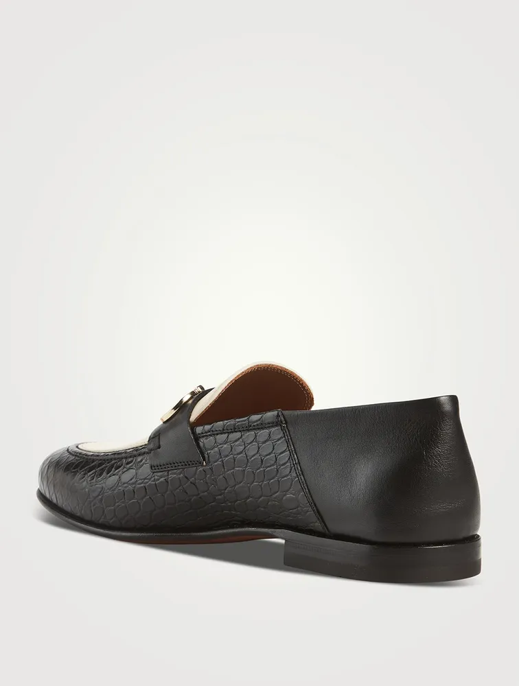 Embossed Leather Loafers With Gancini Ornament