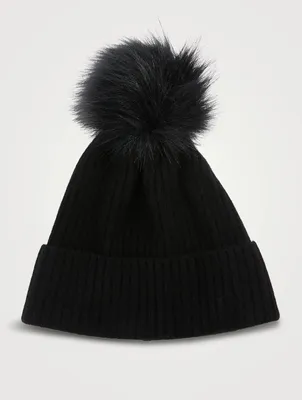 Ribbed Cashmere Toque With Faux Fur Pom