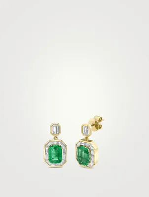 18K Gold Halo Drop Earrings With Emeralds And Diamonds