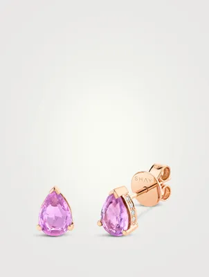 18K Rose Gold Pink Sapphire Stud Earrings With Diamonds
