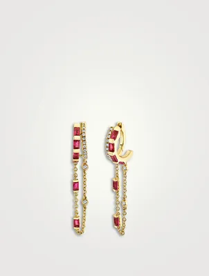 18K Gold Double Huggie Chain Earrings With Diamonds And Rubies