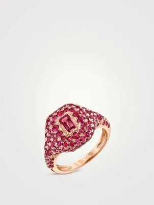18K Gold Signet Pinky Ring With Pink Sapphire And Diamonds