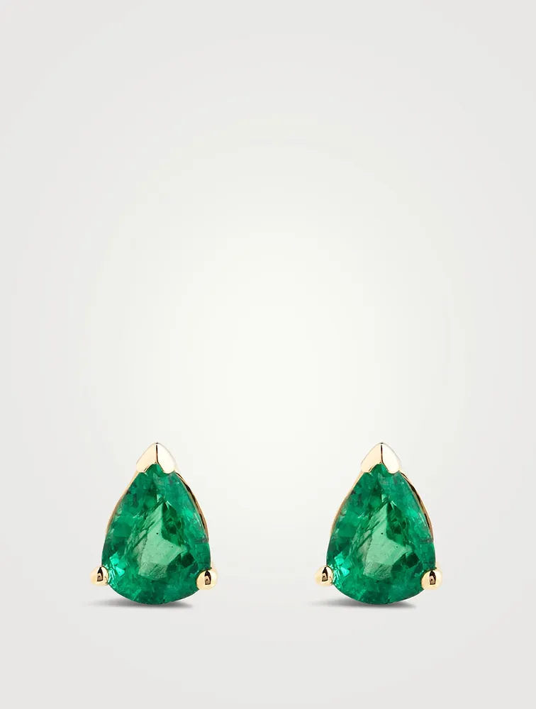 18K Gold Emerald Teardrop Stud Earrings With Diamonds