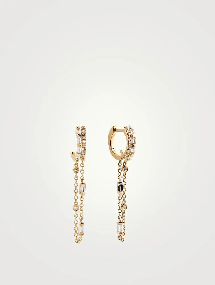 18K Gold Double Mix Diamond Fringe Huggie Hoop Earrings