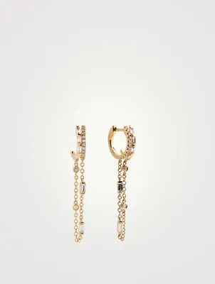 18K Gold Double Mix Diamond Fringe Huggie Hoop Earrings