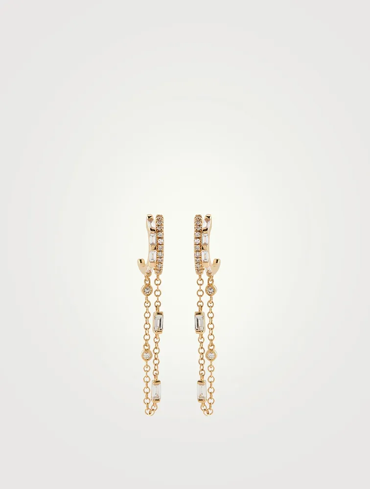 18K Gold Double Mix Diamond Fringe Huggie Hoop Earrings