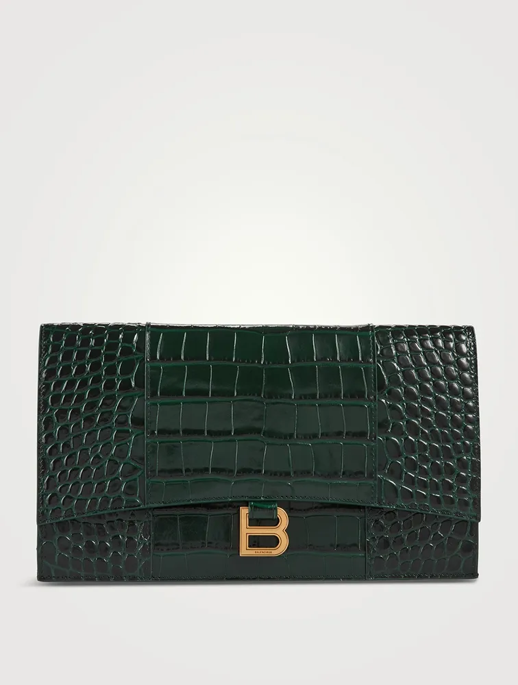 Hourglass Croc-Embossed Leather Clutch