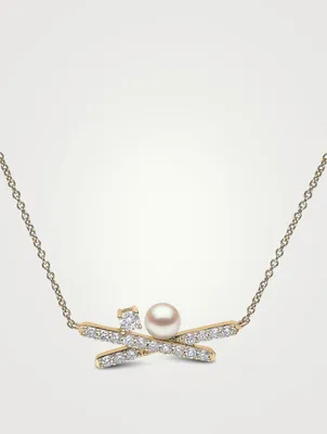 Sleek 18K Gold Akoya Pearl Necklace With Diamonds