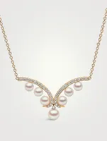 Sleek 18K Gold Akoya Pearl Necklace With Diamonds