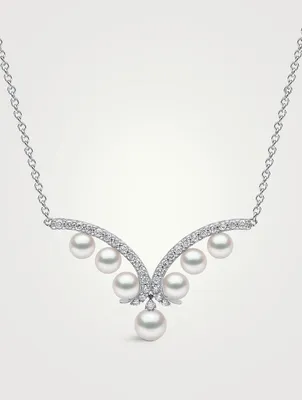 Sleek 18K White Gold Akoya Pearl Necklace With Diamonds