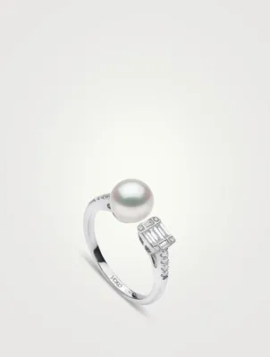 Starlight 18K White Gold Akoya Pearl Ring With Diamonds