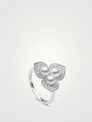 Petal 18K White Gold Akoya Pearl Ring With Diamonds