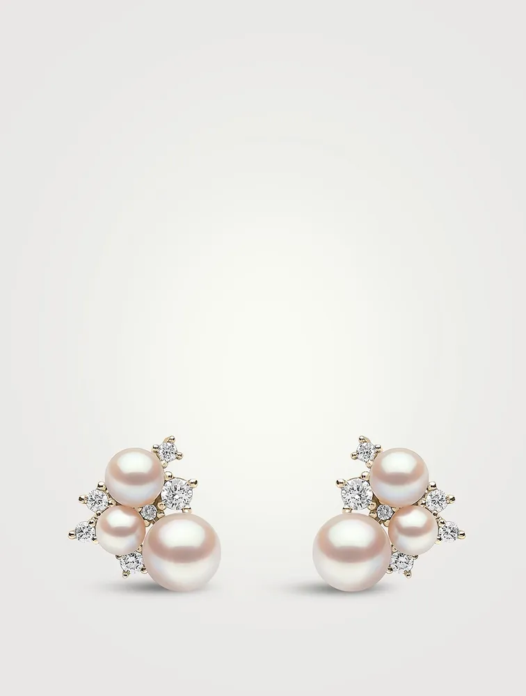 Trend 18K Gold Pearl Stud Earrings With Diamonds