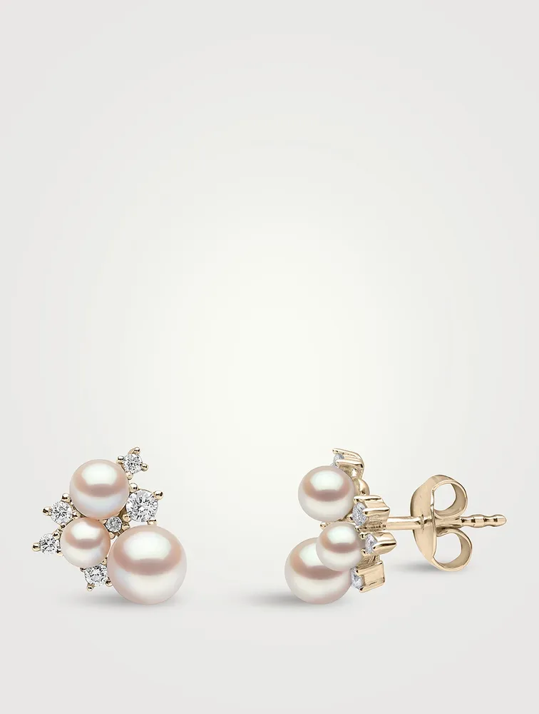 Trend 18K Gold Pearl Stud Earrings With Diamonds