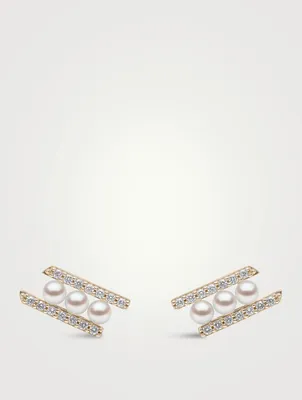 Sleek 18K Gold Akoya Pearl Stud Earrings With Diamonds