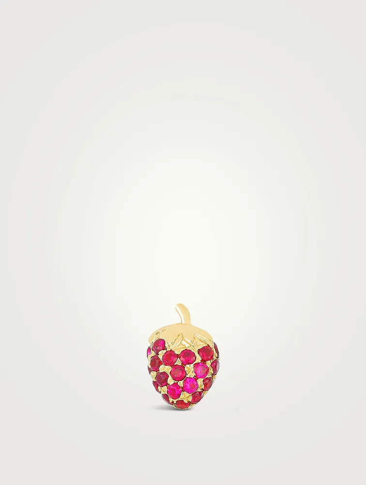 14K Gold Strawberry Stud Earring With Rubies