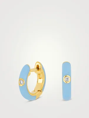 14K Gold Enamel Huggie Earrings With Diamonds