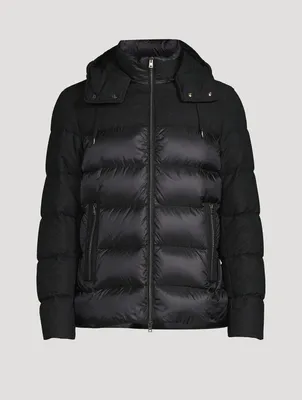 Wool-Blend Mixed Media Down Puffer Jacket With Hood
