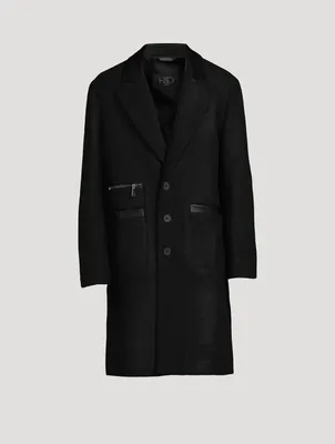 Boiled Wool Coat With Leather Trim