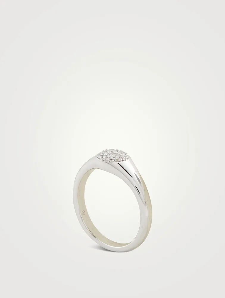 Tessa 18K White Gold Circle Signet Ring With Diamonds