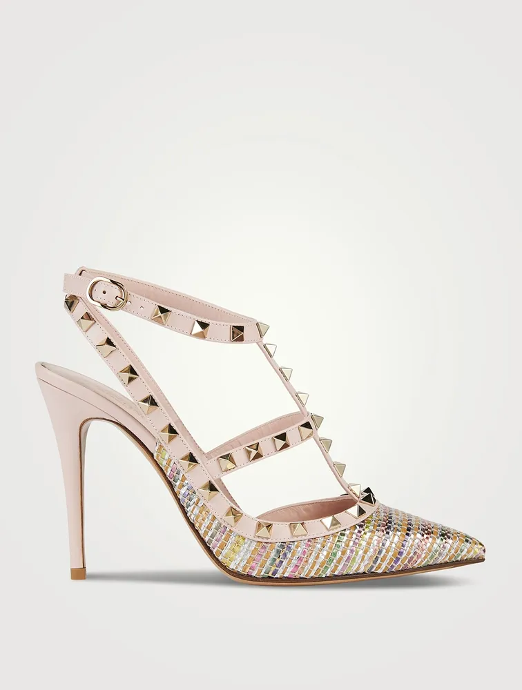 Rockstud Raffia Ankle-Strap Pumps