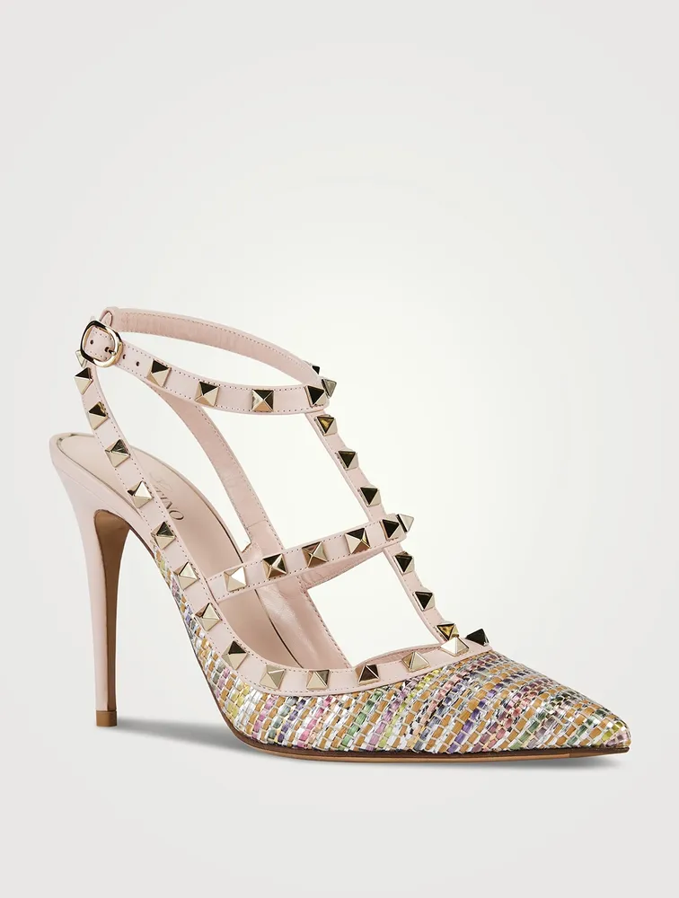 Rockstud Raffia Ankle-Strap Pumps