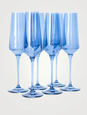 Set Of Six Coloured Glass Champagne Flutes