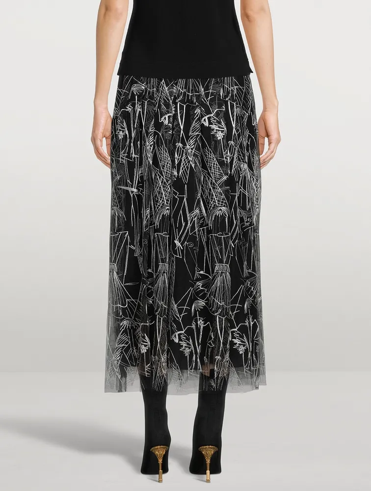 Techno Tulle Midi Skirt With Croquis Embroidery