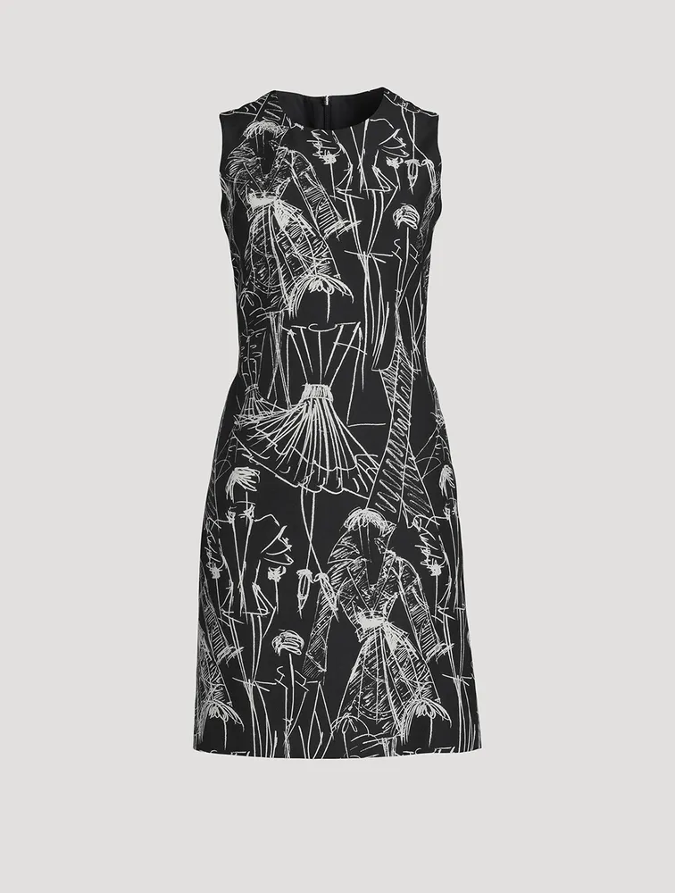 Cotton Silk Double-Face Sheath Dress Croquis Print