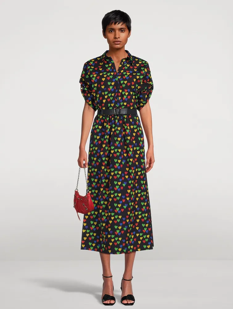 Belted Poplin Shirt Dress Hearts Print