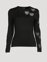 Stretch-Silk Knit Top with Transparent Hearts Intarsia