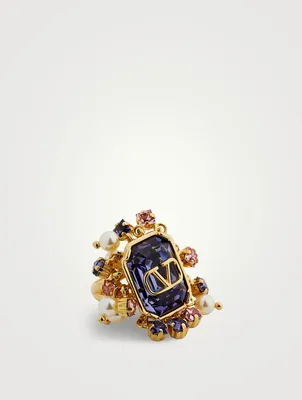 VLOGO Signature Ring With Faux Pearls And Crystal