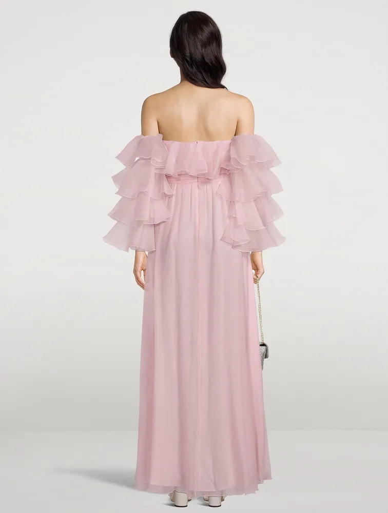 Ruffled Off-The-Shoulder Silk Georgette Gown