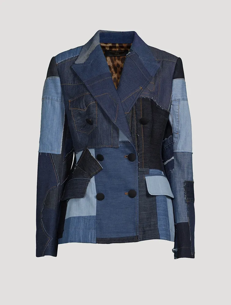 Patchwork Denim Double-Breasted Blazer