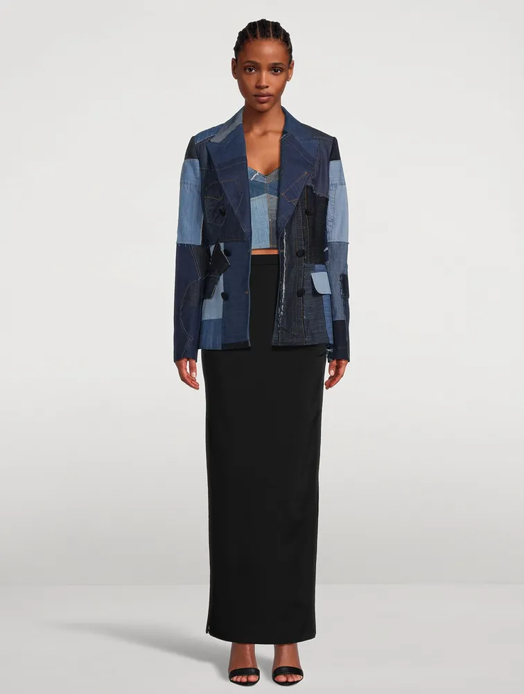 Patchwork Denim Double-Breasted Blazer