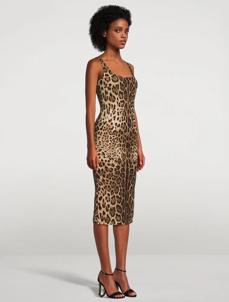 Stretch-Silk Midi Dress Leopard Print