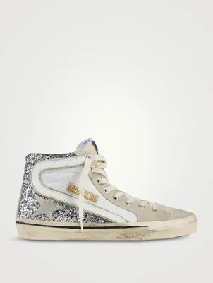 Slide Glitter, Suede And Mesh High-Top Sneakers