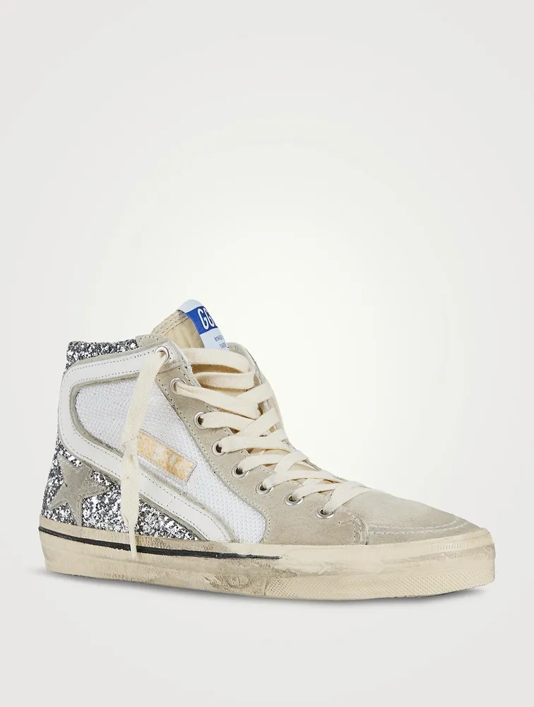 Slide Glitter, Suede And Mesh High-Top Sneakers