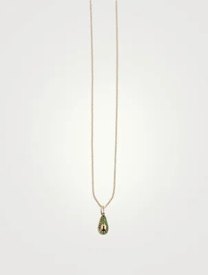 14K Gold Avocado Pendant Necklace With Emeralds