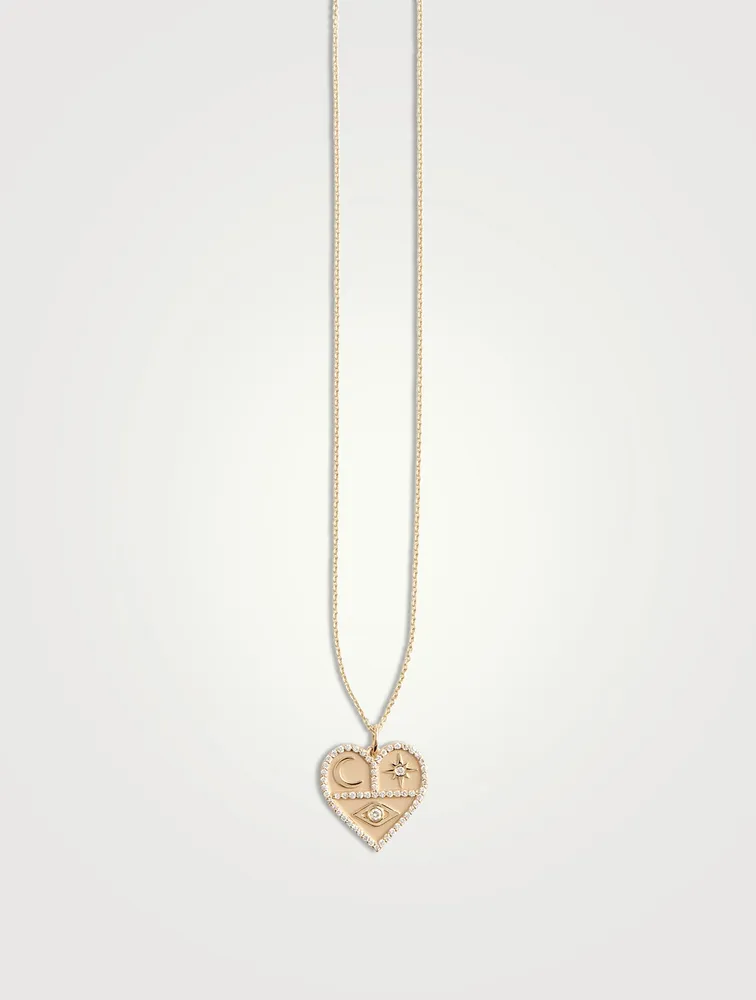 14K Gold Heart Icon Pendant Necklace With Diamonds