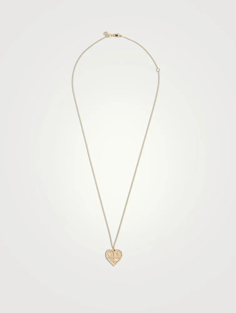 14K Gold Heart Icon Pendant Necklace With Diamonds